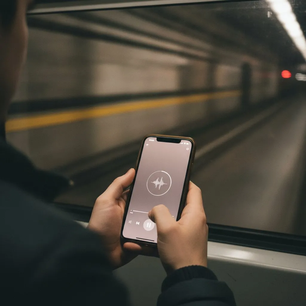 Close-up of hands holding a smartphone with an audio player on screen, on a subway.