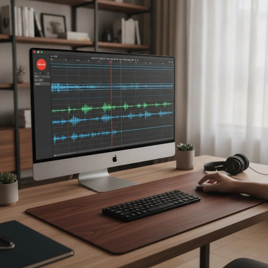 Desktop computer screen showing audio recording software with a hand reaching for the mouse.